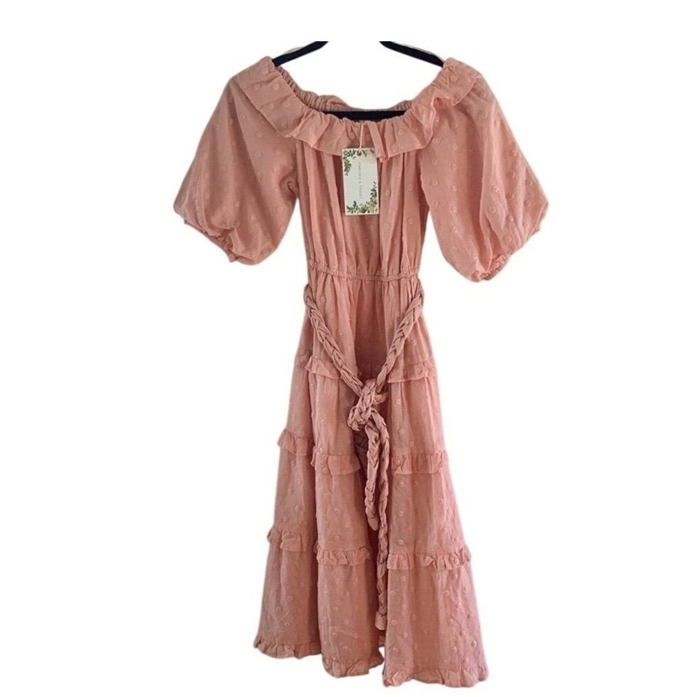 Cottagecore NWT Embroidered Puff Sleeve Pink Midi Dress Tiered Ruffle Belted SM